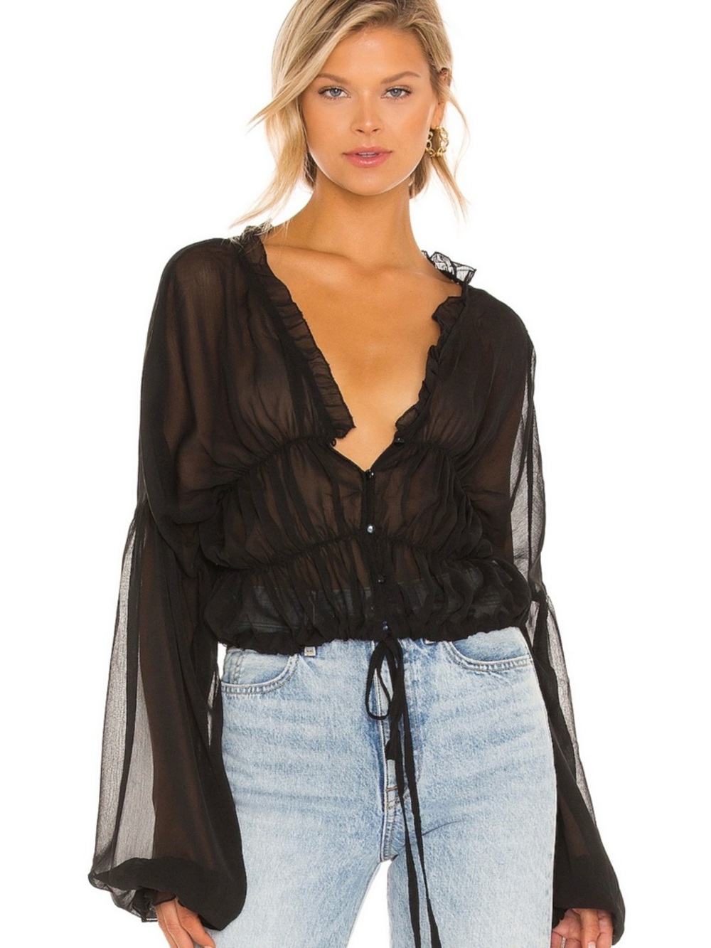 Sheer Black Ruffle-Trim Button Blouse